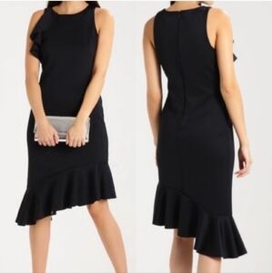 Banana Republic Black Asymmetrical Flounce Dress Scuba Midi Size 12 NWT